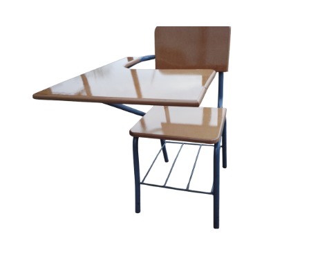 A compact all-in-one classroom desk chair featuring an attached writing surface and durable metal frame, ideal for schools, colleges, and training centers.