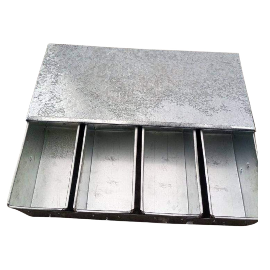 A commercial-grade, multi-pocket loaf baking pan featuring 4 individual bread slots and a sliding flat lid. Made from heavy-duty metal to ensure uniform baking and perfectly square sandwich loaves.